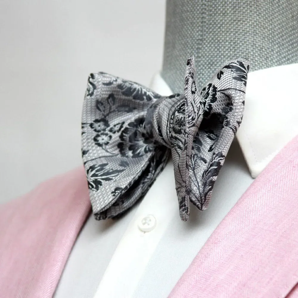 Men's‎ Self-tied Bow Tie 100%Silk Big Butterfly Floral grey S693